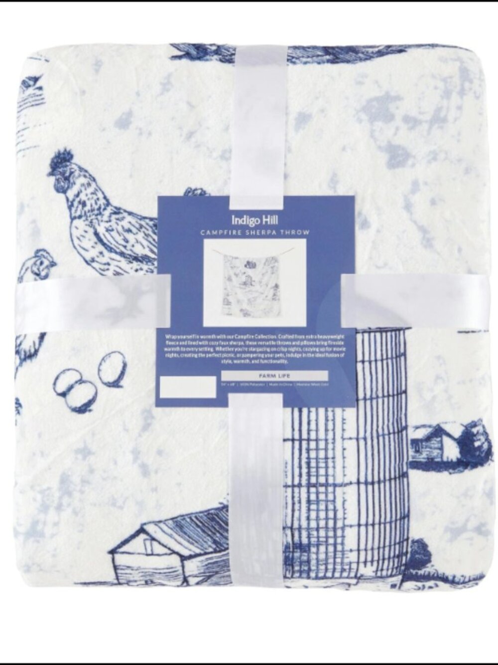 Indigo Hill by HiEnd Accents Farm Life Sherpa Throw, Blue, Oversized 54"W x 68"L